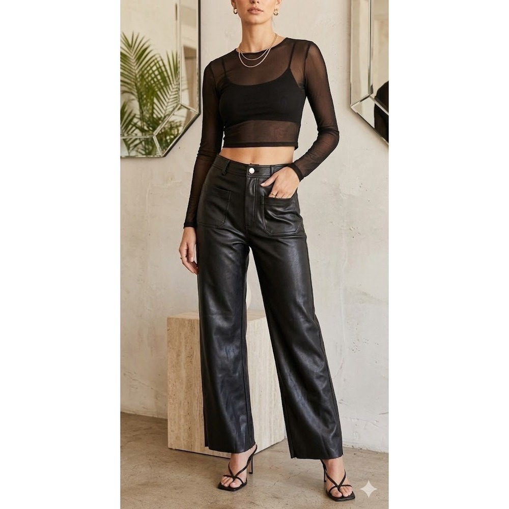Lulus Pants Womens Medium Black Faux Leather Wide Leg Dress Trousers Pockets